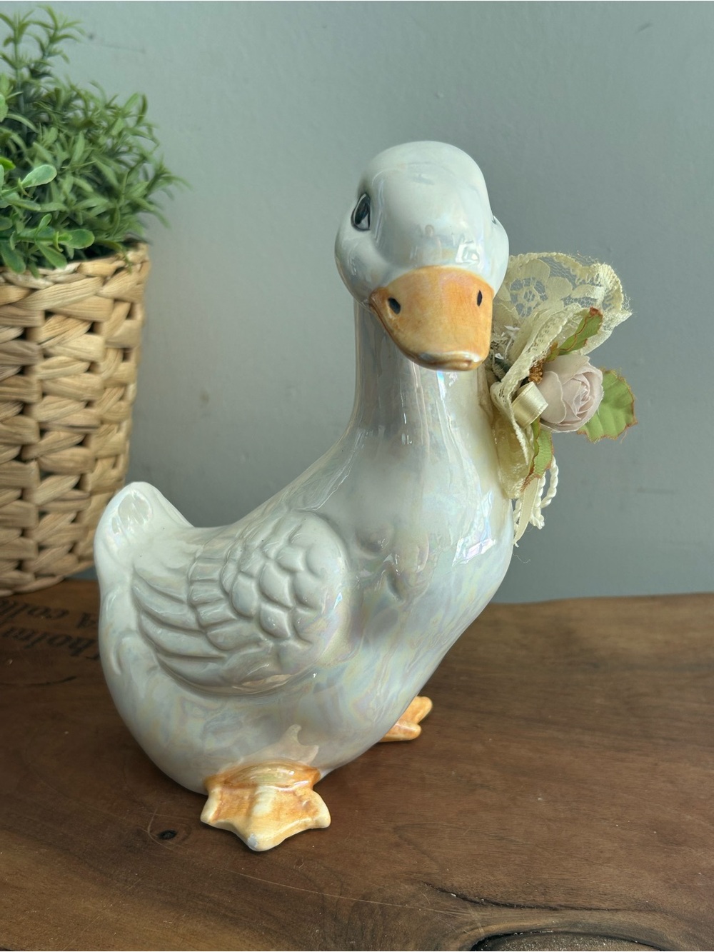 Porcelain Iridescent White Duck Figurine with Floral Lace Neck tie 7”h Bird